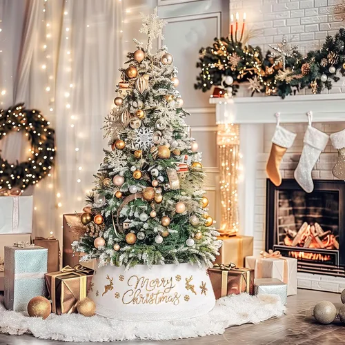 Vista 6 de LASPERAL Collar de Árbol de Navidad de Felpa Blanco Anillo de Árbol con Lentejuelas Feliz Navidad y Ciervo Granja Rústica Cubierta de Base