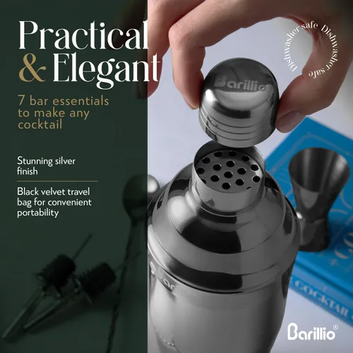 Vista 4 de Kit de Barman de Mixología Barillio Negro - Juego de 8 piezas de coctelera de viaje de acero inoxidable con bolsa - Herramientas de bar