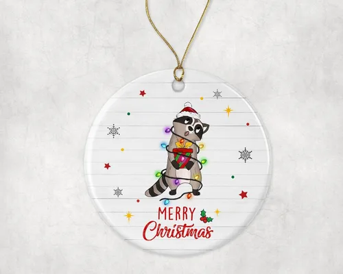 Merry Christmas Raccoon Ornament, 2023 Christmas Ornament, Raccoon Christmas Light Ornament, Kids Christmas Ornament, Animal Christmas Ornament