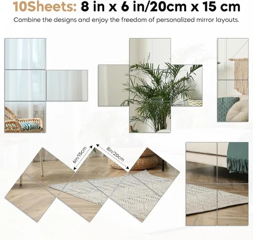 Vista 2 de Hojas de espejo flexibles de acrílico de 8 x 6 pulgadas, paquete de 10 azulejos de espejo autoadhesivos cuadrados cortables para pared, calcomanías