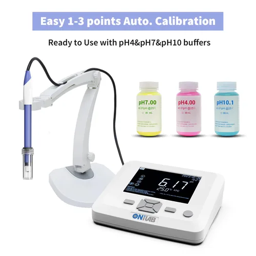 Vista 2 de ONiLAB Medidor de pH de laboratorio de sobremesa, precisión de pH 0,01, calibración automática de 1-3 puntos, pH 3 en 1/Electrodo de temperatura