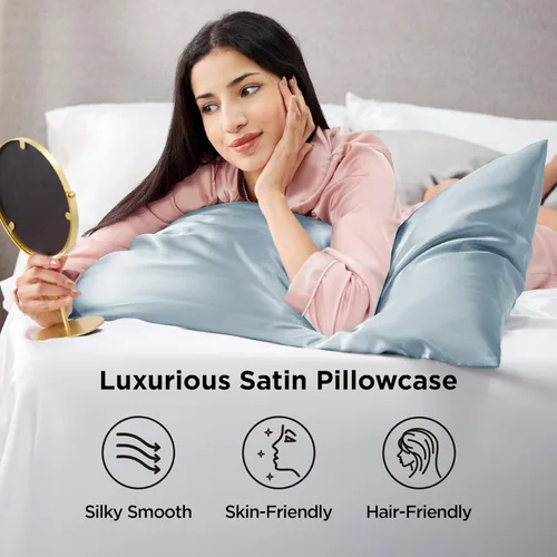 Vista 83 de Bedsure - Juego de fundas de almohada de satén tamaño king, 2 unidades - Fundas de almohada gris plateado para cabello y piel con cierre de sobre