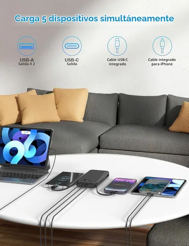 Vista 7 de Ffnpua Cargador portátil Power Bank 10000mAh PD20W con cables incorporados