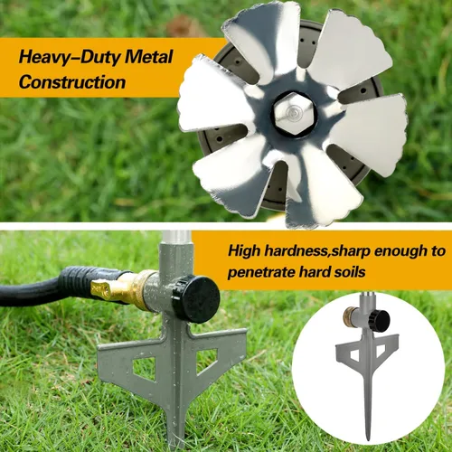 Vista 4 de Aspersor de césped para patio, rociador de agua 100% metal con base de pico resistente, riego de 360 grados para césped, jardín