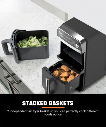 Vista 8 de Horno freidor de aire de doble capa de 12QT, capacidad de 6QT×2, diseño vertical de 2 cestas, función 7 en 1 con parrilla, asar, hornear