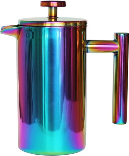 Vista 6 de Cafetera de prensa francesa – 1 o 2 tazas, pequeña cafetera de acero inoxidable, prensa francesa de doble pared, Arcoíris, 12oz/350ml
