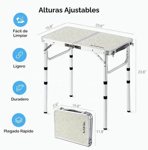 Vista 4 de Mesa plegable pequeña, mesa de aluminio de campamento de 24 pulgadas de largo x 16 pulgadas de ancho con patas de altura ajustable, mesa de comedor