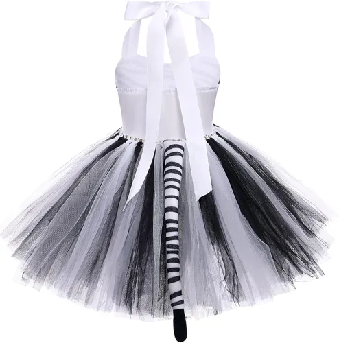 Vista 3 de IWEMEK Vestido de cosplay con temática de selva para niñas, estampado de leopardo, tutú para Halloween, Navidad, cumpleaños, fiesta, conjunto de 3