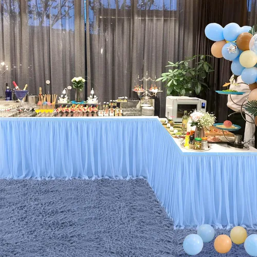 Vista 4 de Suppromo Pack de 2 faldas de mesa de tul azul de 6 pies para mesas rectangulares o redondas, mantel de tul azul para baby shower, cumpleaños