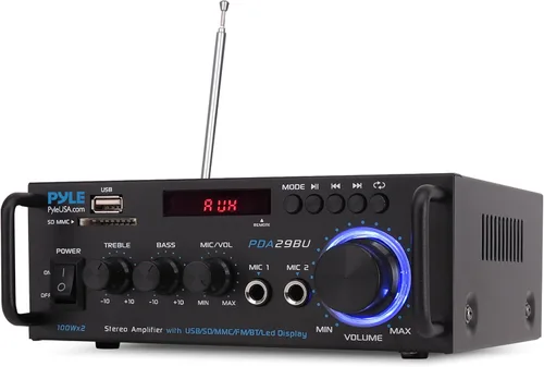Pyle Amplificador de potencia estéreo Bluetooth inalámbrico de 200 W, receptor de audio de doble canal con RCA, USB, SD, entrada de micrófono, radio