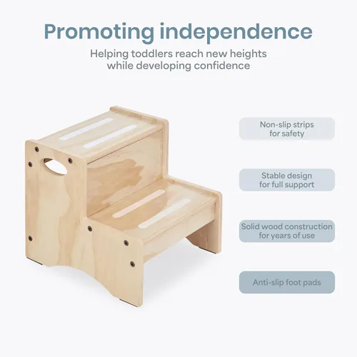 Vista 5 de Dream On Me Little Steps Taburete en color natural – Taburete sólido de madera de pino de Nueva Zelanda para niños con rieles de seguridad y base