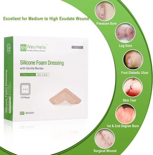 Vista 2 de NeuHeils Apósito de Espuma Adhesiva de Silicona con Borde Suave 3''x3'' para Escaras, 10 Paquetes, Vendaje de Herida de Silicona Impermeable de Alta