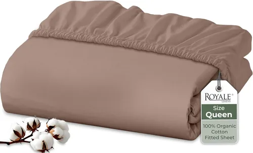 Vista 100 de Royale Linens Sábana bajera ajustable de algodón 100% orgánico - Tejido percal - Sábanas bajeras de bolsillo profundo súper suaves - Sábana elástica