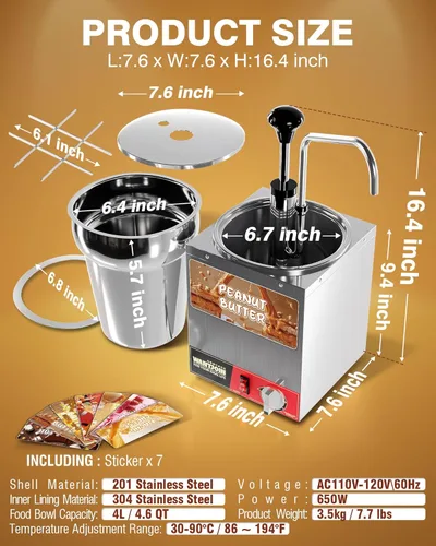 Vista 6 de WantJoin Dispensador de Queso para Nachos con Bomba - Calentador Comercial de Acero Inoxidable de 4.6QT con Control de Temperatura de 86-185°F