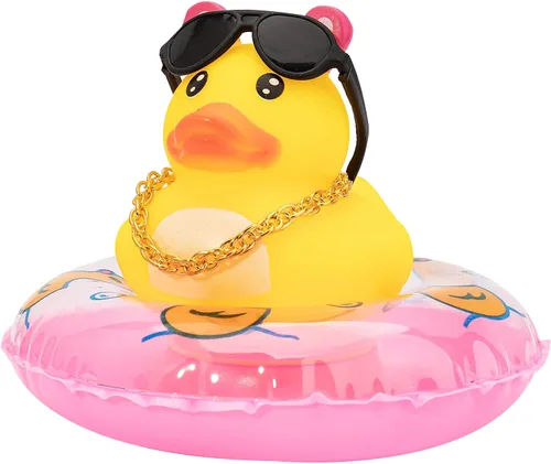 Vista 8 de Wonuu Decoración de pato de goma para automóvil, adorno de tablero con mini collar de anillo de natación y gafas de sol