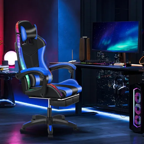 Vista 8 de Silla para videojuegos, silla de computadora con reposapiés y soporte lumbar, silla de juego de altura ajustable con asiento giratorio de 360°