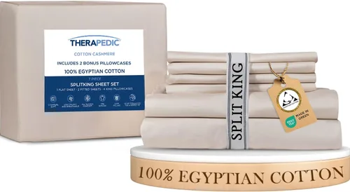 Vista 26 de Therapedic Juego de sábanas Queen de 6 piezas 100% algodón egipcio, satén naturalmente refrescante y transpirable, lavado suave preencogido, sábana