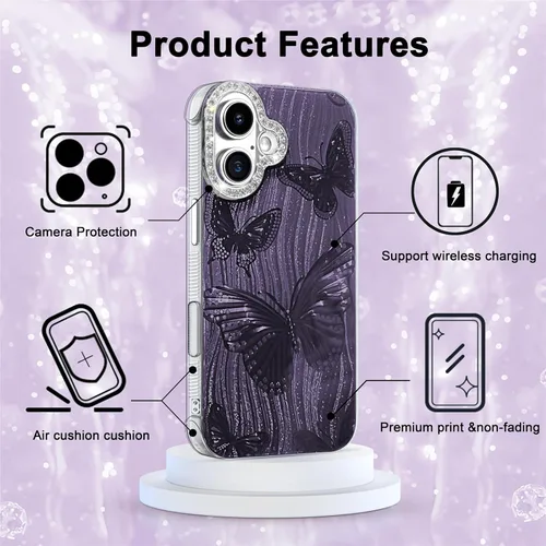 Vista 635 de I-MGAE-IN-AR - Funda diseñada para iPhone 12 y 12 Pro, diseño de mariposa plateada brillante, funda protectora de poliuretano termoplástico, suave