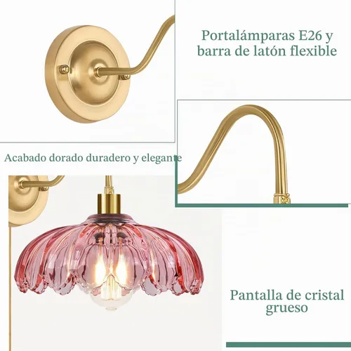 Vista 4 de ZECOXOL Juego de 2 apliques de pared vintage enchufables, lámparas de pared de vidrio con pantalla de flores y cable de enchufe regulable, apliques