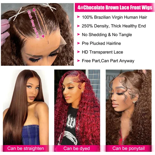 Vista 7 de Pelucas de cabello humano ondulado profundo con encaje frontal 13x6, color marrón chocolate, peluca de cabello humano rizado profundo para mujer