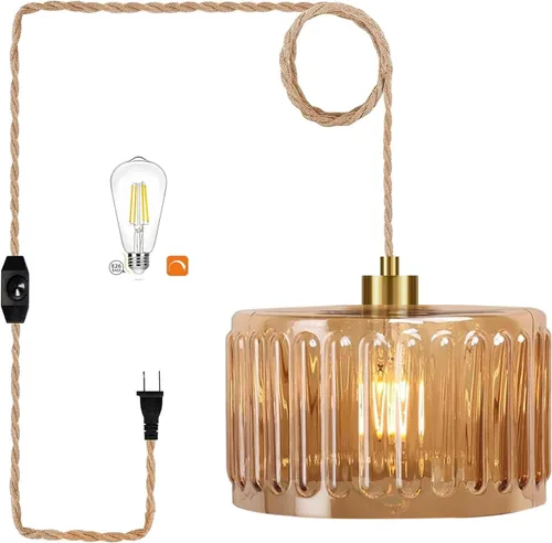 Vista 15 de Lámpara colgante de ratán para enchufar, con cable de enchufe, lámpara colgante de bambú regulable, tejida a mano estilo bohemio, pantalla