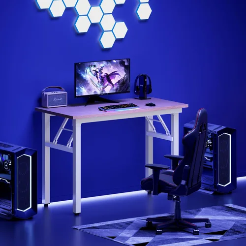 Vista 24 de DlandHome Escritorio plegable pequeño de 31.5 pulgadas, escritorio de computadora para oficina en casa, mesa plegable para espacios pequeños,