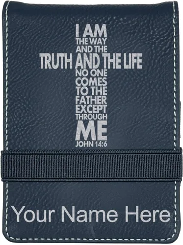 Vista 13 de LaserGram Mini padfolio con bloc de notas y bolígrafo, versículo bíblico John 14-6, grabado personalizado incluido (negro con oro)