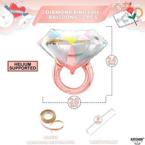 Vista 7 de KatchOn, Letras de globos de compromiso de oro rosa con globo de anillo de diamantes, paquete de 3, globos de compromiso de oro rosa para decoración