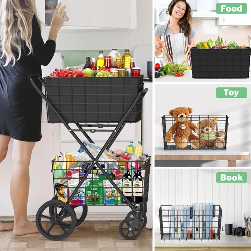Vista 7 de 【2025𝐍𝐄𝐖】Carrito de compras plegable extra grande de 2 niveles con ruedas, carrito de compras de 400 libras para víveres con 2 cestas extraíbles