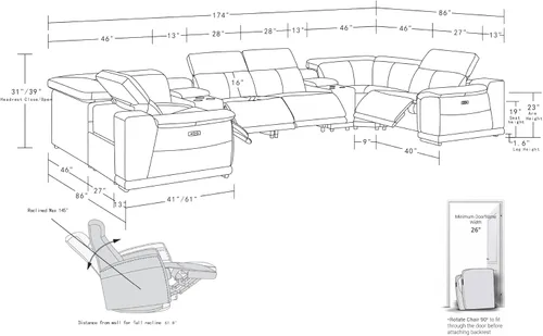 Vista 126 de BlackJack Furniture Venice - Sofá modular de cuero italiano de grano superior de 5 piezas con 3 reclinables eléctricos, reposacabezas ajustable