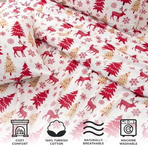Vista 3 de Great Bay Home Juego de sábanas de franela de algodón turco 100 % para Navidad, bajera con gran caída lateral, suaves, para tener una cama cálida