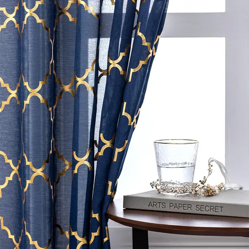 Vista 10 de Kotile - Cortinas doradas y blancas transparentes de 45 pulgadas de largo, juego de 2 paneles, con estampado marroquí metálico de ogee, cortinas