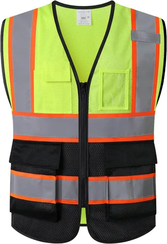 Vista 9 de Chaleco de seguridad de malla reflectante para hombres y mujeres, con 5 bolsillos y cremallera frontal, chaleco de malla de alta visibilidad