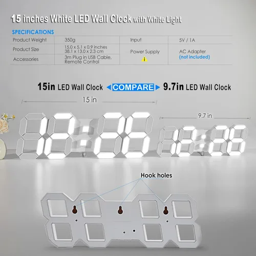 Vista 5 de KOSUMOSU Reloj de pared digital de 15 pulgadas, reloj de pared LED 3D con luz despertador para dormitorio, sala de estar, reloj grande estético
