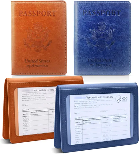 Combo de soporte para pasaporte, pasaporte y tarjetero de vacunación, marrón + azul oscuro