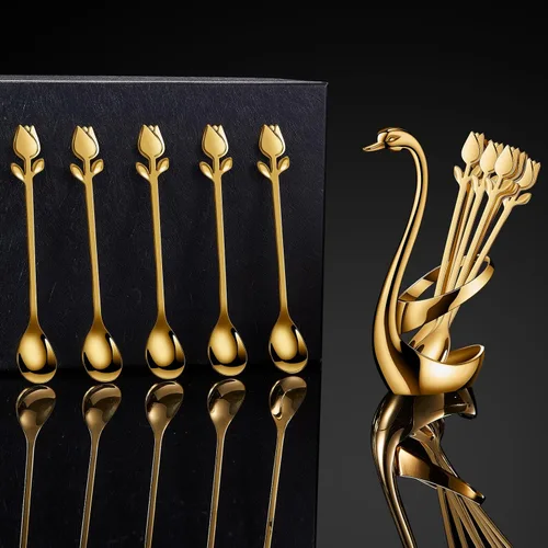 Vista 8 de Juego de Soporte para Cucharas de Café Pequeñas Dorado, Base de Cisne con Juego de 12 Cucharas Demitasse para Espresso, Cuchara de Postre Mini