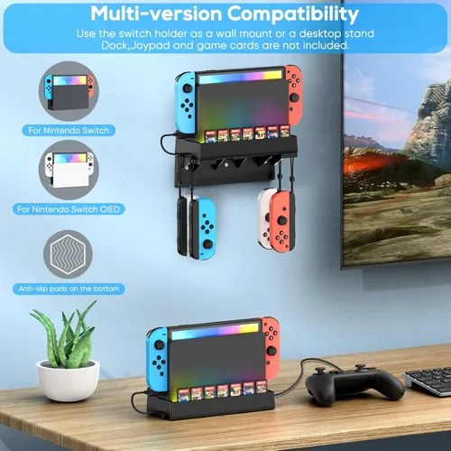 Vista 2 de Kit de montaje en pared para Nintendo Switch y OLED, soporte de consola de muelle de interruptor, accesorios de interruptor con 7 modos de luz, 7