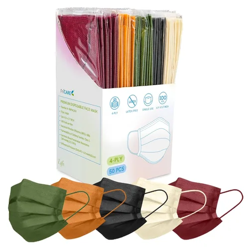 FriCARE Mascarillas desechables para adultos, 4 capas ASTM nivel 3, protección contra alergias, envueltas individualmente, paquete de 50, surtido de