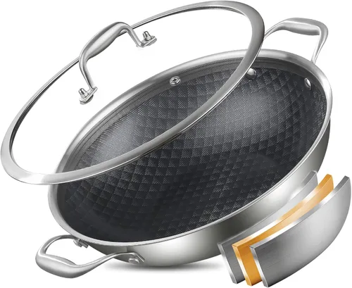 DELARLO Wok con Tapa de 12 Pulgadas Wok Antiadherente, Apto para Horno Hasta 600℉, Woks y Sartenes para Freír Antiadherentes, Wok de Acero