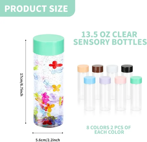 Vista 2 de 16 botellas sensoriales con tapas, botellas de agua de plástico transparente a prueba de fugas de 13.5 onzas, reutilizables, vacías
