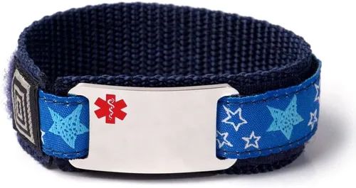 Vista 7 de Pulsera de identificación de alerta médica personalizada de 6,5 pulgadas con emblema azul y pulsera ajustable. Grabado gratuito.