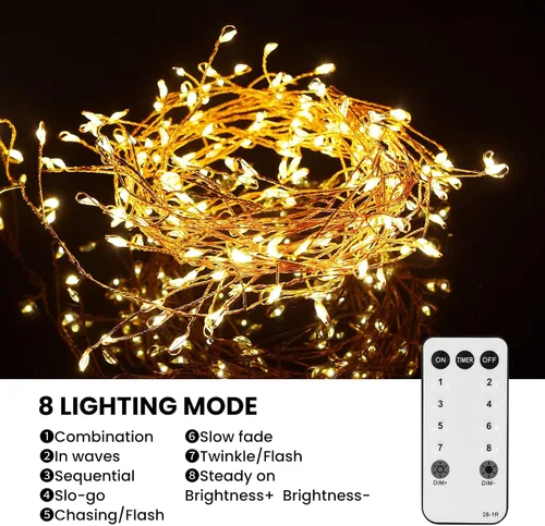 Vista 2 de Dailyart 200 Luces de Hadas LED - Luces de Cadena de 16.4 Pies a Pilas con Control Remoto, 8 Modos, Resistente al Agua para Dormitorio, Árbol