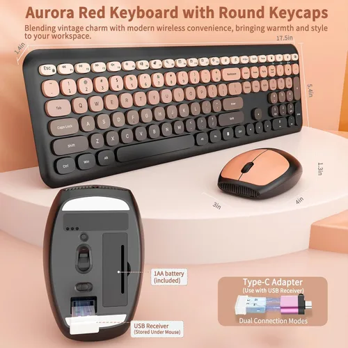 Vista 4 de HotFox Combo de teclado y ratón inalámbrico, teclado retro de tamaño completo tipo máquina de escribir con teclas redondas, diseño ergonómico