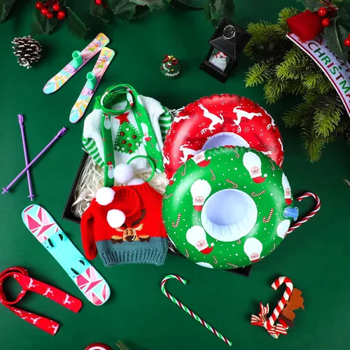 Vista 6 de Hungdao Juego de 9 accesorios para muñecas de Navidad, incluye orejeras, bufanda suave, suéter acogedor, tubo inflable para nieve, accesorio de ropa