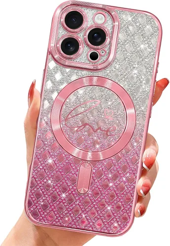 Vista 37 de Funda magnética transparente con purpurina para iPhone 14, compatible con Magsafe, diseño de corazón de amor, chapado de lujo, protector completo