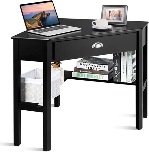 GOFLAME Escritorio de esquina para computadora, estación de trabajo de escritura compacta de madera para oficina en casa con cajón y estantes, mesa