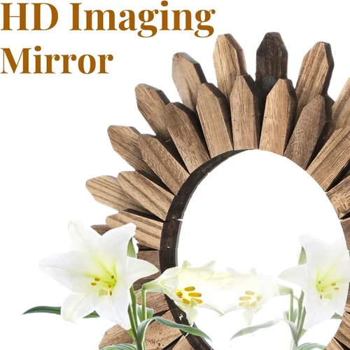 Vista 5 de Eorbow Espejo de pared decorativo, espejos bohemios pequeños de madera rústica de 12 pulgadas, espejos transparentes con rayos solares