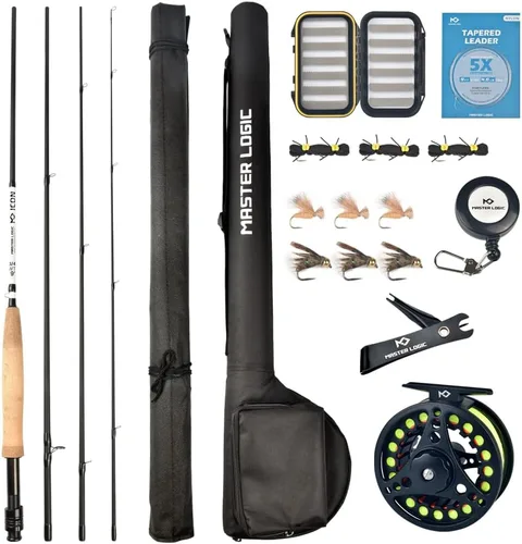 Vista 12 de Kit de inicio de combo de caña y carrete de pesca con mosca MASTER LOGIC, caña de pesca con mosca de grafito con mango de corcho, carrete