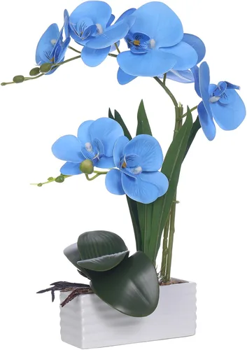 Flores artificiales de orquídea de tacto real en maceta, flor falsa de Phalaenopsis con jarrón de cerámica blanca, arreglo de orquídeas sintéticas