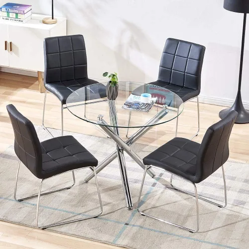 Vista 2 de Mesa de comedor de cristal, mesa de comedor redonda de vidrio con tapa de vidrio templado transparente, mesa de comedor moderna, mesa de café de té